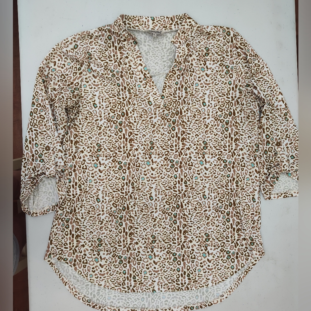 Cowgirl Hardware Leopard Print Women's Top Size XL Tan/Brown/Turquoise